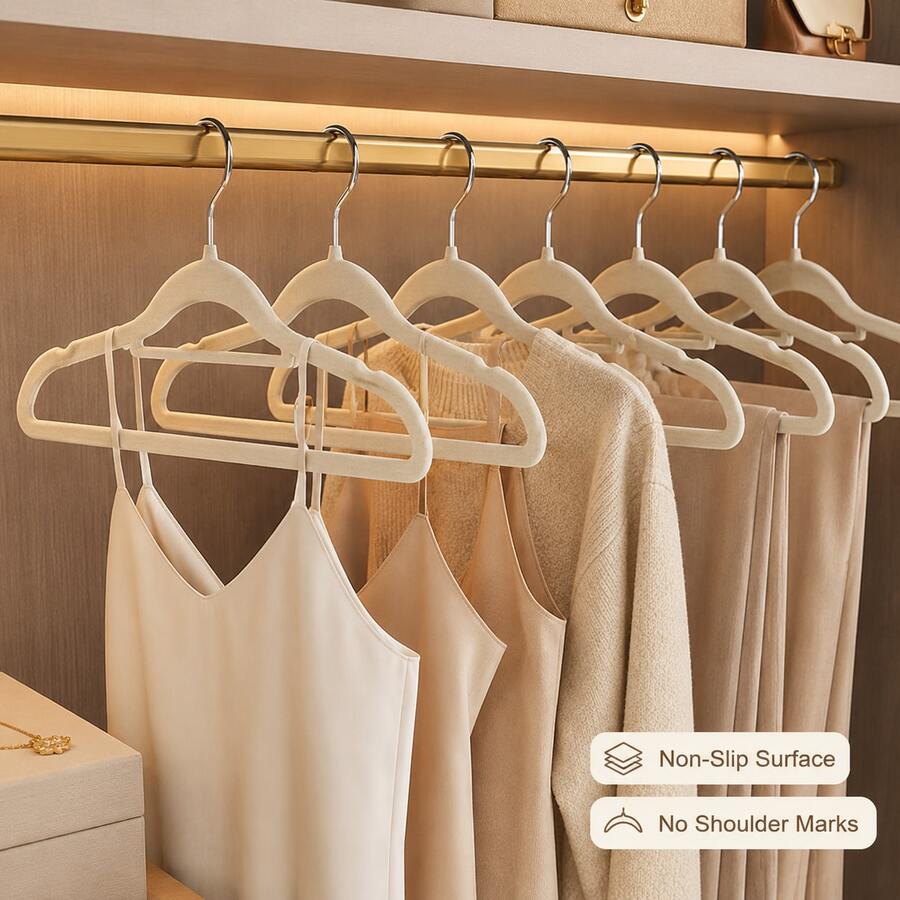 50/40/30/20/10/1pc Beige Flocked Flocked Hangers, Non-Slip No-Shoulder-Mark Hangers With 360° Metal Hook, Slim Space-Saving Closet Storage Organizer