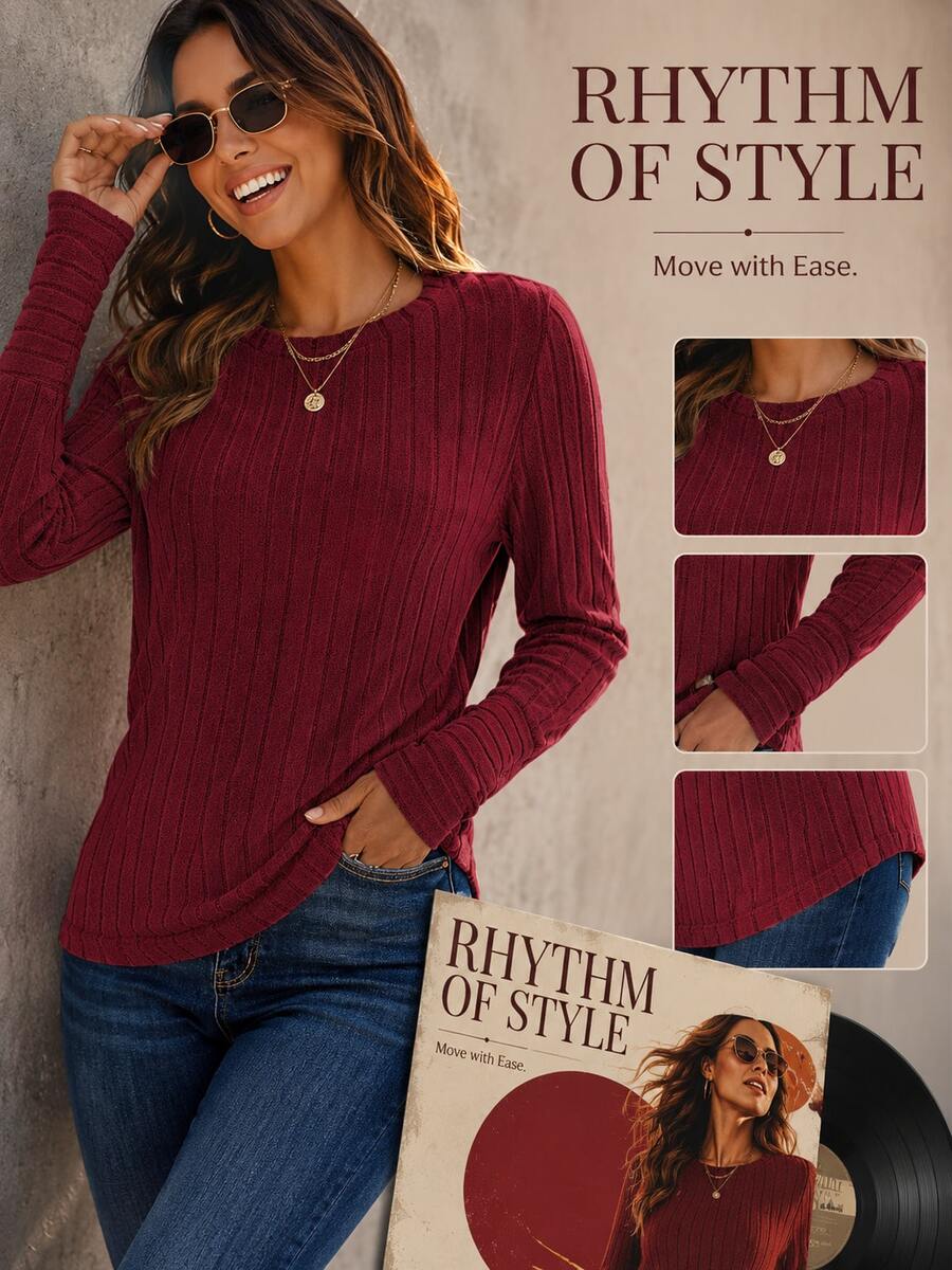 Ribbed Crew Neck T-Shirt Elegant Long Sleeve Top Spring Autumn Two Seasons Autumn Winter Knitted Ribbed Base Shirt Solid Color Crew Neck Elastic - 酒紅色 - 查看 1