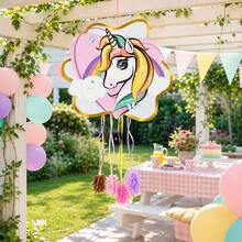 Piñata de Unicornio con Cintas para Tirar, 50 * 45 cm, Diseño Pastel con Borde Dorado, Sin Relleno para Cumpleaños y Fiestas Infantiles - Ver 5