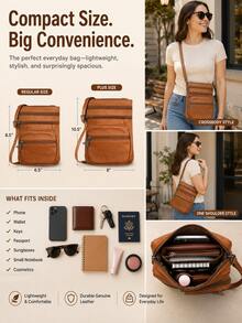Women's Genuine Leather Crossbody Bag, Adjustable Shoulder Purse, Lightweight Travel Handbag For Work, Shopping & Daily Use - Ohra - 查看 5