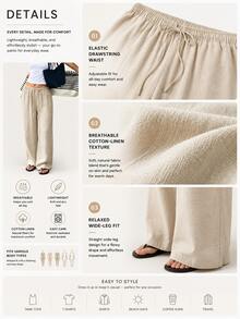 Women's Loose Drawstring Waist Wide Leg Pants, Lightweight Breathable Casual Trousers, Summer - Linen - View 4