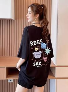 Autumn Outfit, Oversized Y2K T-Shirt For Women In Korean Style - Loose Cropped Top With Round Neck, Fast Local Delivery - 黑色 - 查看 1