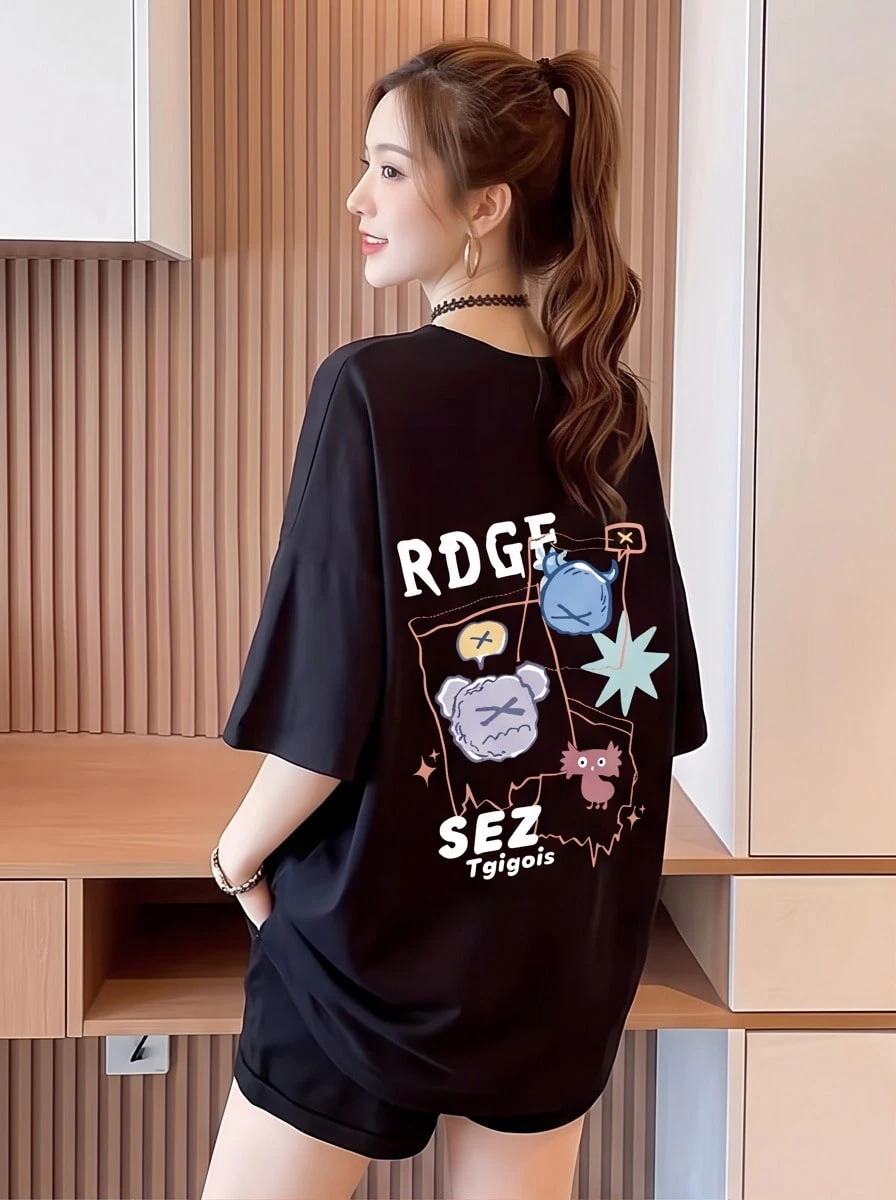 Autumn Outfit, Oversized Y2K T-Shirt For Women In Korean Style - Loose Cropped Top With Round Neck, Fast Local Delivery - 黑色 - 查看 1