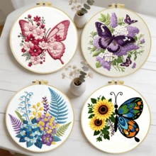 1件 20*20cm/7.9*7.9in 蝴蝶與花卉刺繡套件,DIY手工刺繡套組,適合成人初學者,居家禮物,女性縫紉禮物,包含使用說明書、印花布料、刺繡框、針與線 - 蝴蝶與花朵 - 查看 3