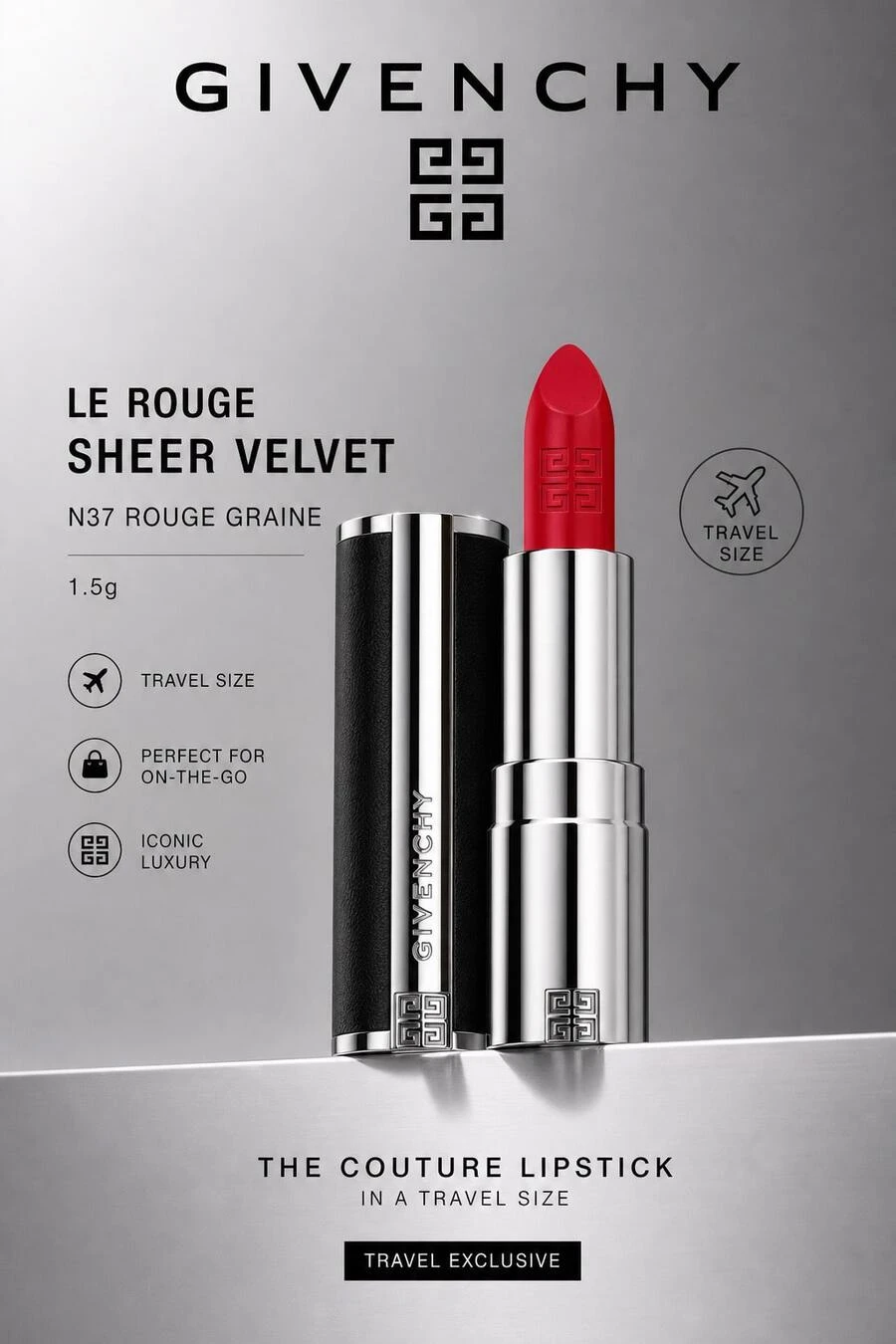 Givenchy Le Rouge Perfecto N37 Mini Lipstick 1.5g, Velvet Matte Rose Red Long-Lasting Non-Fading Lip Gloss Travel Size - Satin Matte - View 1