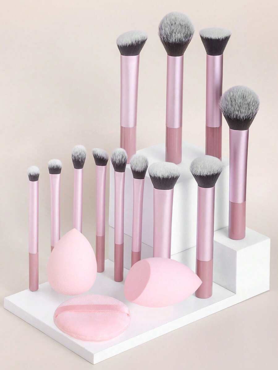 1/7/10pcs Multi-Functional Makeup Brush Set, Including Powder Brush, Blush Brush, Foundation Brush, Eyeshadow Brush, Blending Brush, Contour Brush, As Well As A Beveled Round-Head And White Powder Puff - Pink - View 1