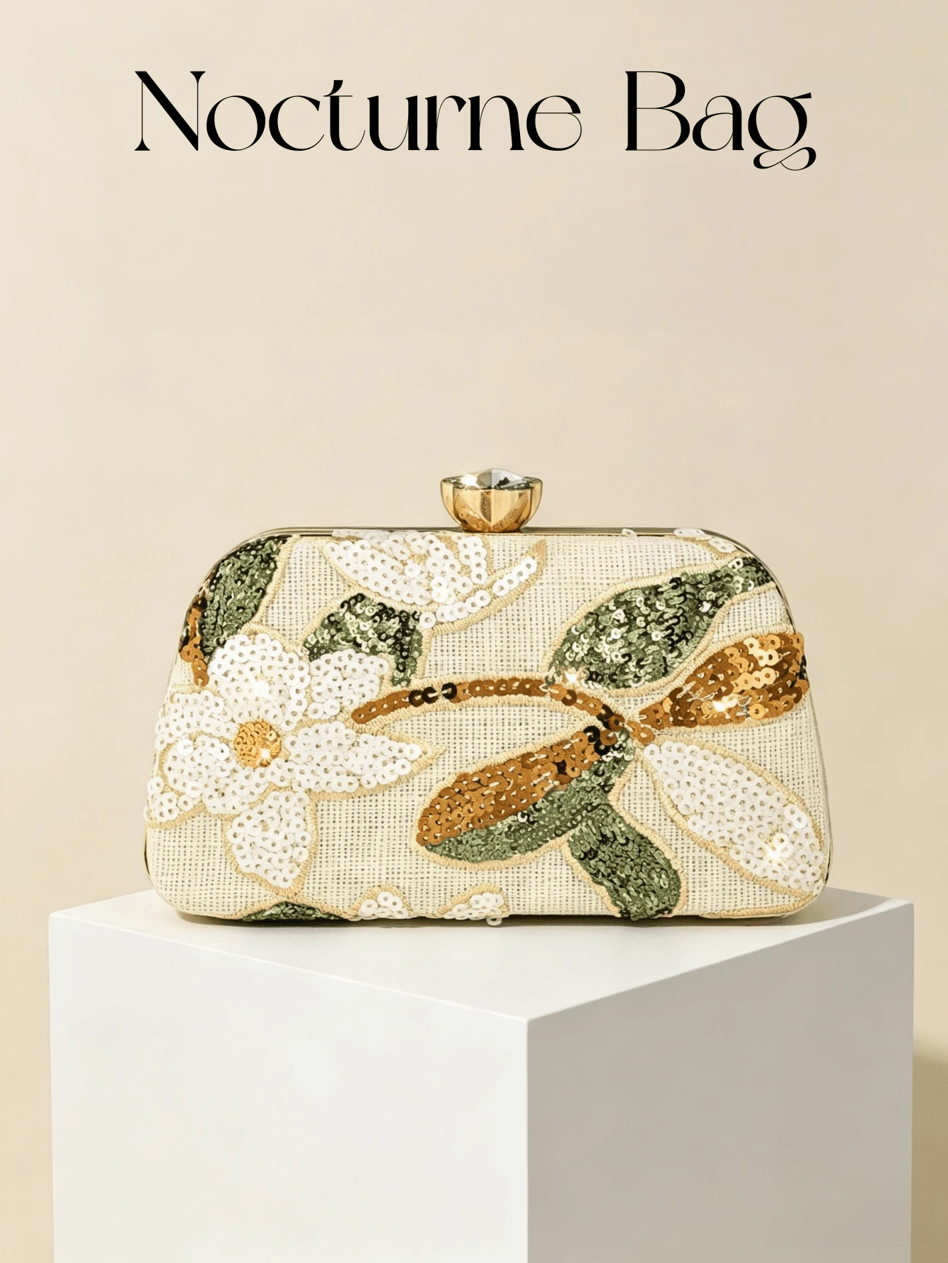 Floral Sequin Embroidered Hard Case Clutch, Elegant Linen Texture Evening Bag With Rhinestone Closure, Suitable For Weddings And Parties - Apricot - View 1