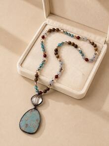 1pc New Spring Bohemian Vintage Natural Stone Glass Woven Necklace, Glass Connected Square Imperial Stone Pendant, Women's Sweater Chain Necklace - NK2634 - View 2