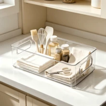 Transparent Stackable Storage Organizer Box With Built-In Handle, Clear PET Storage Tray, Suitable For Refrigerator, Cabinet, Bathroom Vanity, Office Desk, Home Countertop Storage - Multicolor - View 5