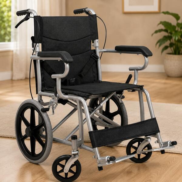Silla de ruedas de traslado c on reposabrazos acolchado para personas mayores, plegable y ligera, silla de ruedas portátil para ancianos, silla de rueda de viaje Soporta hasta 110 kg,