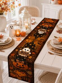 1pc-Halloween Table Runner, Haunted House Ghost Black Cat Pumpkin Linen Look Runner, Fall Leaves Table Decor For Dining Room Kitchen Halloween Decorations - Multicolor - View 2