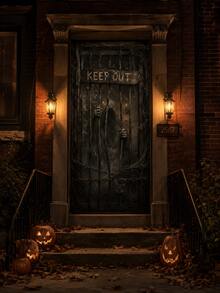 1pc Halloween Horror Door Banner, DO NOT ENTER, LET ME OUT And KEEP OUT Warning Text, Ghost Silhouette, Ghost Hand, Iron Fence And Old Window Print, Multiple Styles Available, Suitable For Front Door, Porch, Haunted House, Party And Indoor/Outdoor Holiday Decoration - Door Knocker - View 3