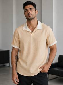 Blueprint Man 1件男士 Polo 衫，杏色對比領無鈕扣 Polo 衫，紋理垂墜仿亞麻面料，舒適輕盈透氣清爽，抗起球吸汗，休閒商務通勤風，日常通勤商務休閒夏季度假旅行老錢風，建議選小一號以獲得更好貼合感 - 卡其色 - 查看 3