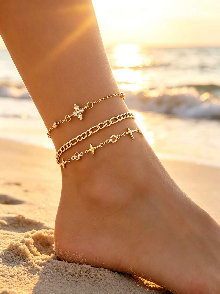 3pcs Handmade Cross Chain Decor Four-Leaf Flower Layered Gold Chain Anklet, Suitable For Daily Wear, Dates And Photo Shoots. Chain Length Customizable - Gold - View 1