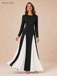 High Neck Velvet Color Block Chiffon Maxi Evening Dress - 黑色 - 查看 8