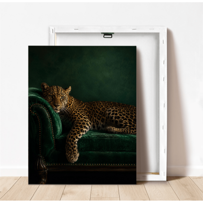 1pc Framed Canvas Wall Art Decor, Deep Green Velvet Sofa Leopard Canvas Painting, Luxury Maximalist Wild Animal Poster, Vintage Jungle Aesthetic Wall Hanging, Suitable For Modern Home Decor, Room Decoration