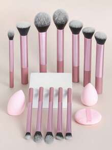 1/7/10pcs Multi-Functional Makeup Brush Set, Including Powder Brush, Blush Brush, Foundation Brush, Eyeshadow Brush, Blending Brush, Contour Brush, As Well As A Beveled Round-Head And White Powder Puff - Pink - View 4