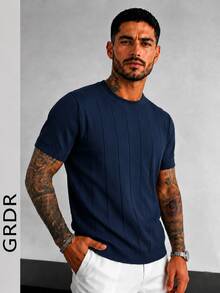 GRDR Men's Thin Summer Knit Solid Color Ribbed Short Sleeve, Sports Casual, Suitable For Outdoor Sports - Navy Blue - View 3