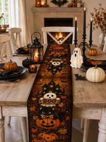 1pc-Halloween Table Runner, Haunted House Ghost Black Cat Pumpkin Linen Look Runner, Fall Leaves Table Decor For Dining Room Kitchen Halloween Decorations - Multicolor - View 1