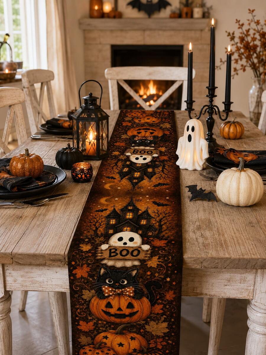 1pc-Halloween Table Runner, Haunted House Ghost Black Cat Pumpkin Linen Look Runner, Fall Leaves Table Decor For Dining Room Kitchen Halloween Decorations - Multicolor - View 1