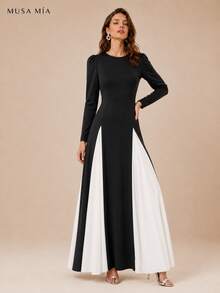 High Neck Velvet Color Block Chiffon Maxi Evening Dress - 黑色 - 查看 4