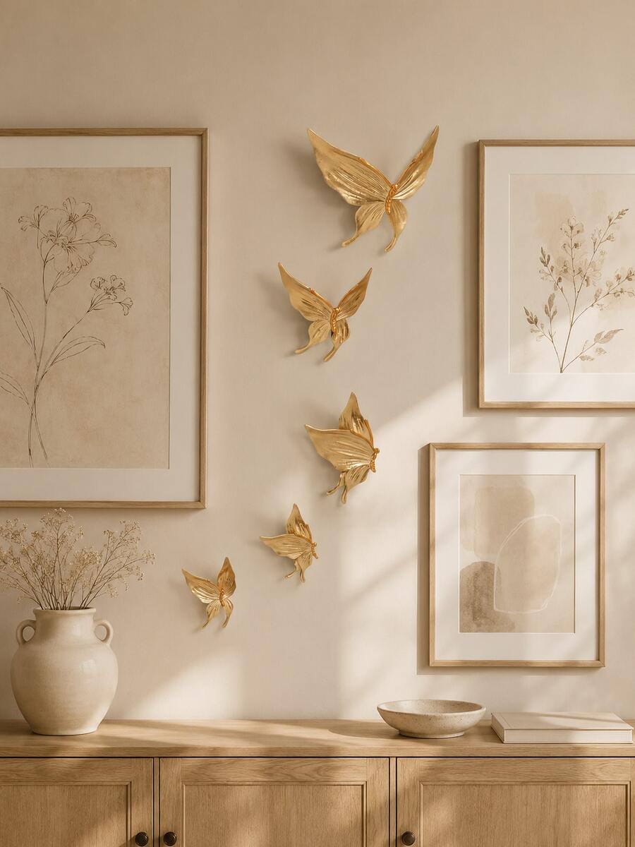 5pcs Gold Butterfly Wall Decor Set, 3D Butterfly Wall Hanging Ornaments, Elegant Modern Wall Art For Living Room, Bedroom, Entryway, Hallway, Office, Boutique, DIY Home Decoration, Housewarming Birthday Gift - Multicolor - View 1