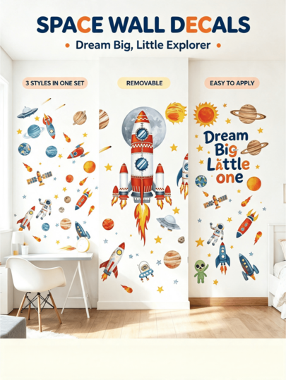 Autocollant mural espace galaxie planète fusée astronaute, décoration murale de chambre, autocollant de maison, murale de fond pour chambre, salon, entrée, autocollant mural personnalisé auto-adhésif et amovible