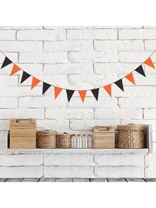 1pc Halloween Triangle Flag Decoration, Bat & Spider Silhouette Hanging Garland, Orange & Black Felt Triangle Banner, Indoor Home Fireplace Window Ceiling Party Backdrop Decor, Suitable For Halloween Celebration - Multicolor - View 7