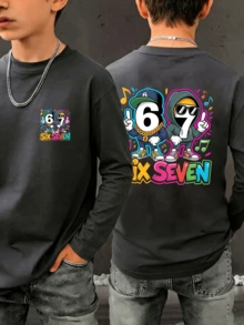Kaos Lengan Panjang Leher Bulat Motif Kasual Lucu untuk Remaja Laki-laki, Atasan Musim Gugur/Dingin - Dark Grey - View 1