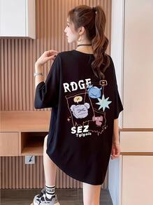 Autumn Outfit, Oversized Y2K T-Shirt For Women In Korean Style - Loose Cropped Top With Round Neck, Fast Local Delivery - 黑色 - 查看 2