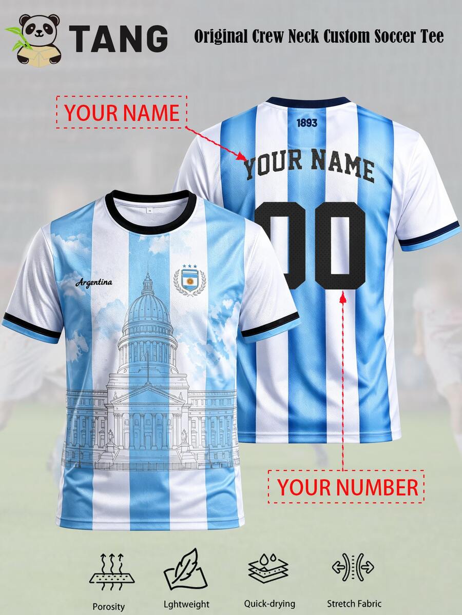 Men's Customized Argentina Football Jersey, Round Neck Quick-Dry Lightweight Breathable Football Shirt, Customizable Name And Number, Suitable For Training, Casual Sports, Great Gift