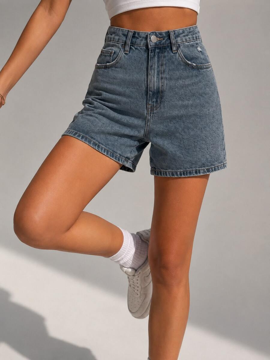 High-Waisted, Light Blue, Full-Fit Denim Shorts: The Savior Of Your Summer Outfits. - Medium Wash - View 1