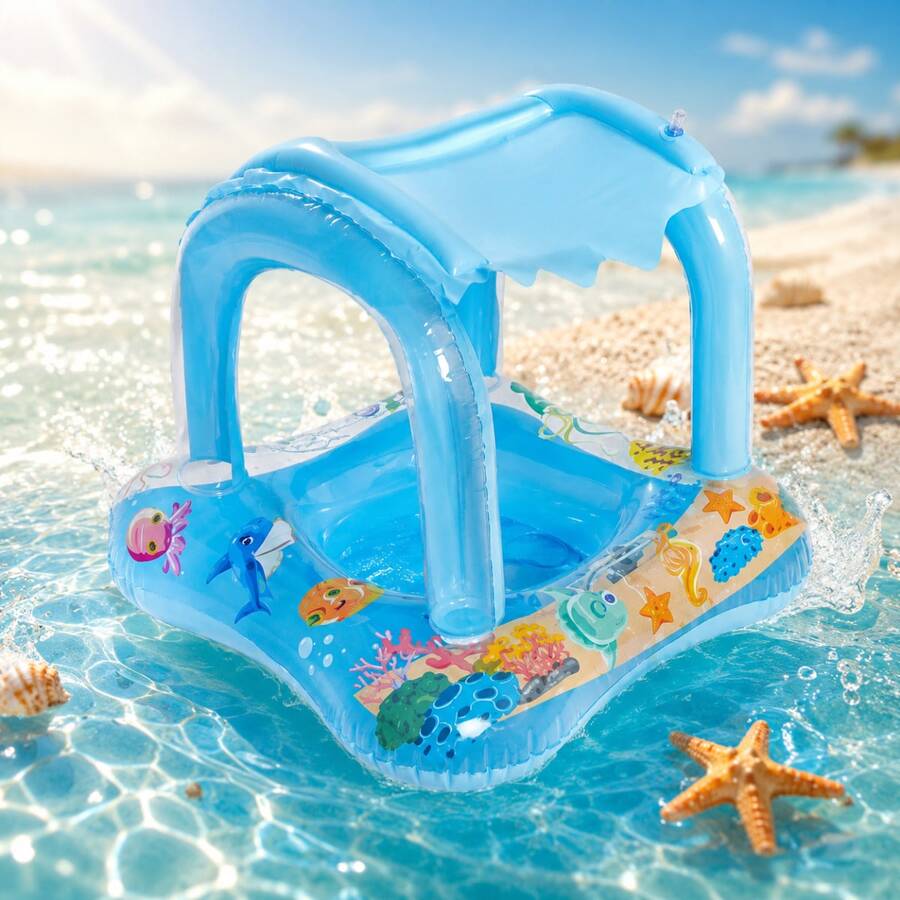 Inflatable Baby Float With Blue And Pink Canopy For Baby/Child - Float With UV Canopy, Comfortable Seat, Pool And Beach - Blue - View 1