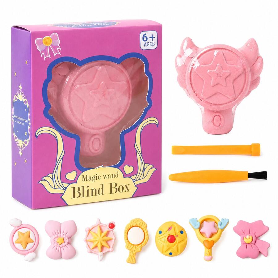 1pc Magic Wand Gemstone Excavation Kit, DIY Treasure Hunt Digging Toy With Pink Plaster, Chisel & Cleaning Brush, Archaeology Discovery Activity Gift For Girls - Multicolor - View 1