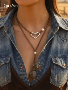 2pcs Women's Necklace Set, Multicolor Metal & PU Heart Element Vintage Necklaces, Beach Vacation, Valentine's Day Date Gift - Multicolor - View 2