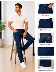 Calça Jeans Masculina Elastano Lycra Reta Tradicional Azul Confortável Trabalho Promoção - Azul - Visão 7
