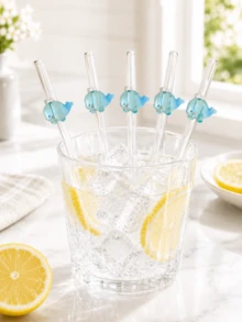 2pcs/5pcs Reusable Clear Glass Straws With Transparent Light Blue Whale Accents, Cute Ocean Themed Marine Animal Decor Drinking Straws For Boba Milk Tea, Juice,Iced Coffee&Cold Drinks, Ideal For Beach Parties, Outdoor Picnics, Perfect Gift For Girls. - Style G - View 3