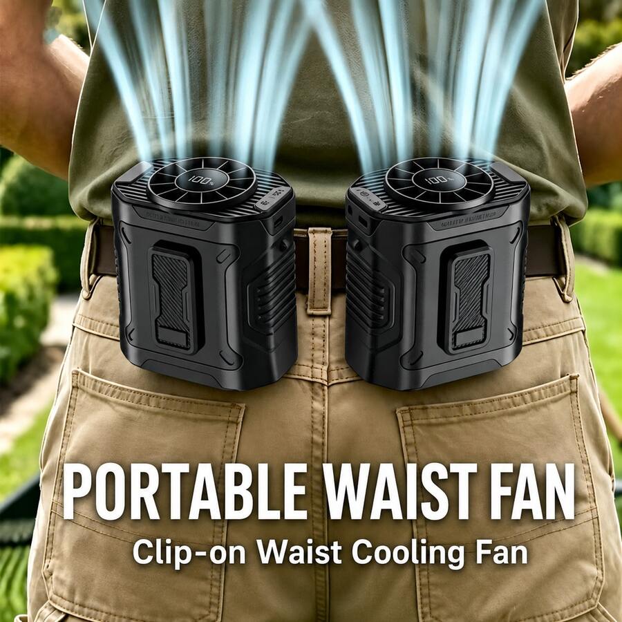 3-In-1 Portable Waist-Hanging Fan | Cooling And Heat Relief In High-Temperature Outdoor Places, 199-Speed Adjustable, 5000mAh Battery USB Rechargeable, Digital Display, LED Flashlight, Emergency Flashlight Function.