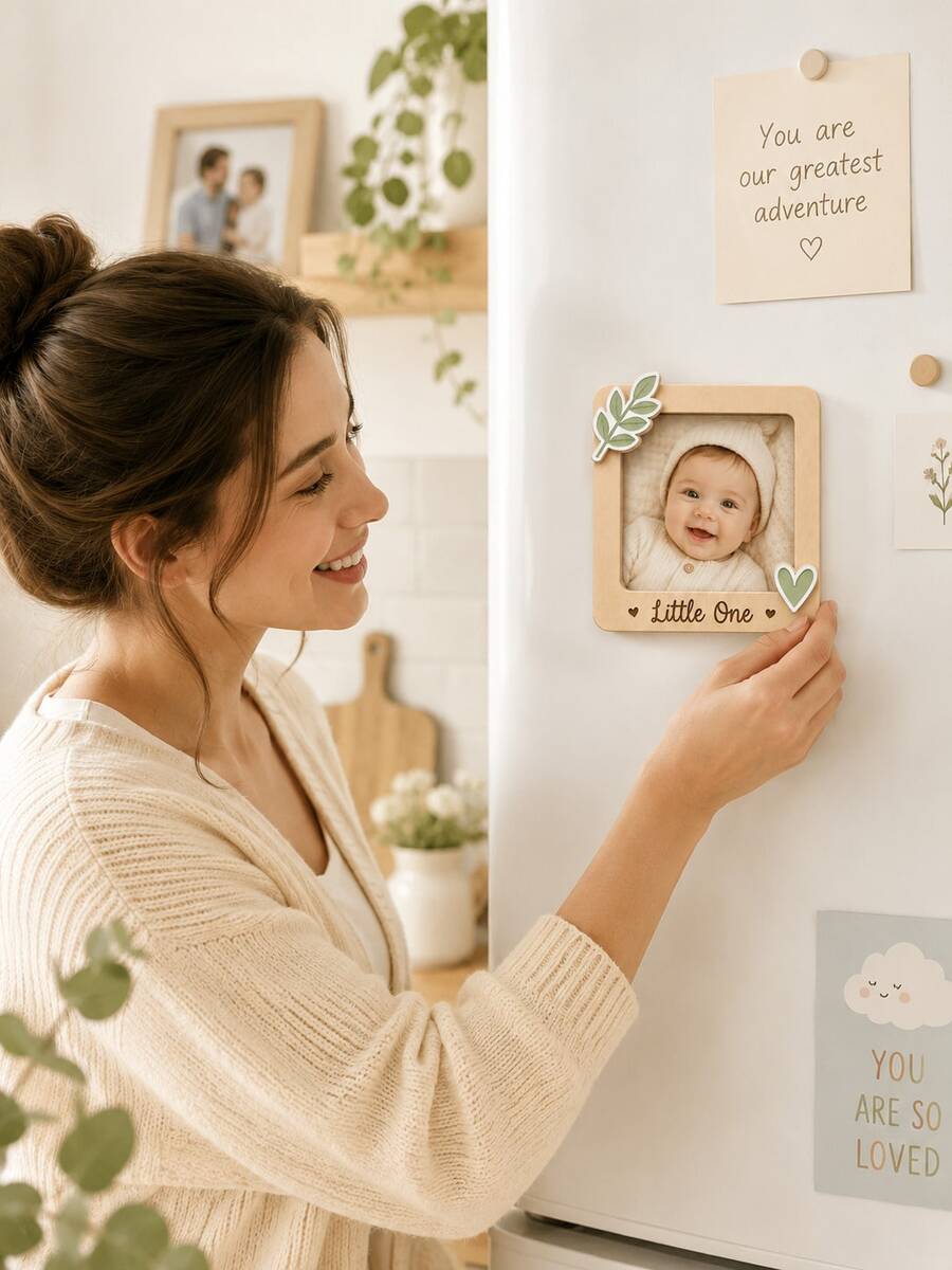 1件裝木製嬰兒照片冰箱磁鐵相框，Little One / Babys First Photo / Oh Baby / Coming Soon 多款圖案，超音波照片展示框，懷孕公告牌，懷孕紀念品，嬰兒姓名與預產日記錄板，新生兒首張照片紀念框，嬰兒洗禮禮物，準媽媽禮物，準父母驚喜公告道具，嬰兒成長紀念禮物