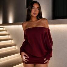 Vestido Curto Feminino Sensual Costas Nuas Amarração Manga Longa Flare Drapeado Tubinho Festa Balada - Marsala - Visão 2