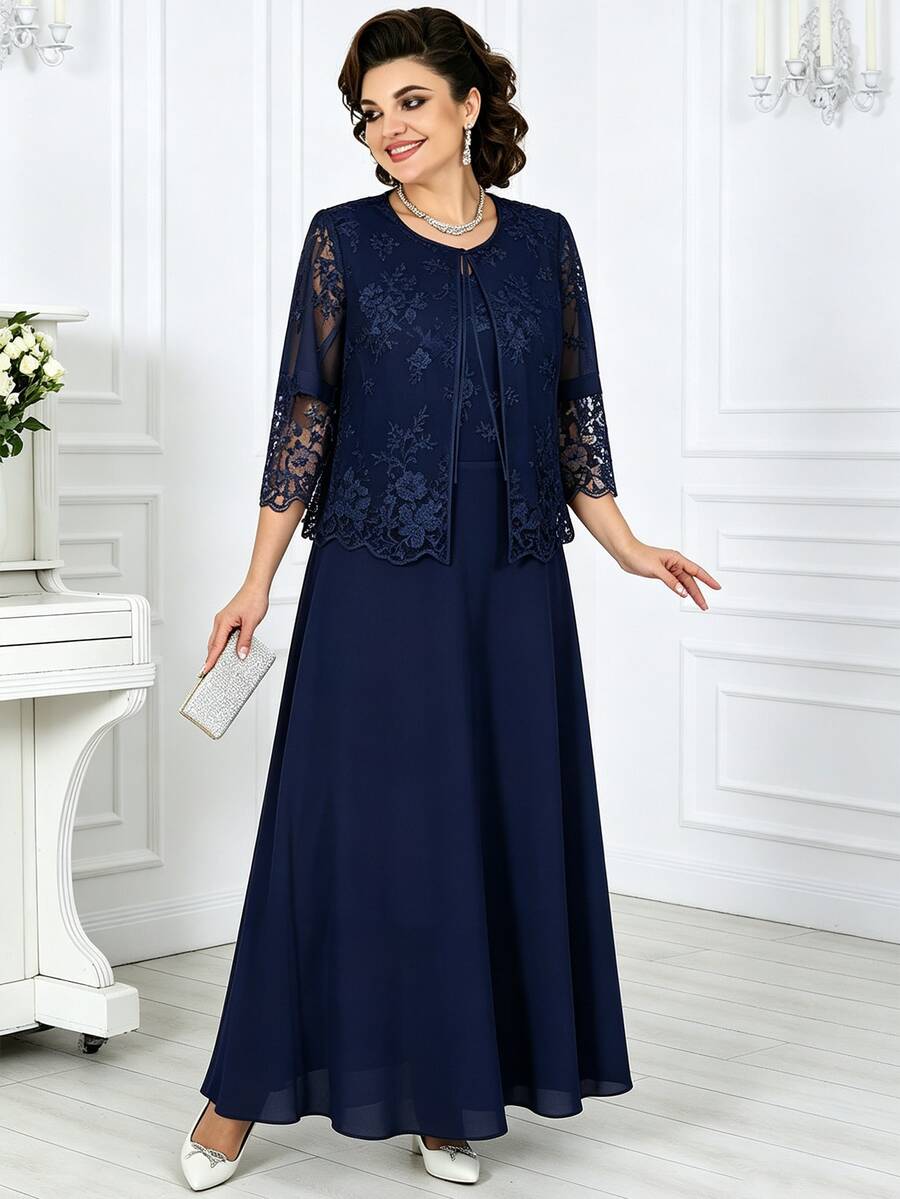 Elegant Plus Size Mother Of The Bride Gown With Embroidered Jacket, V-Neck Dress, Suitable For Formal Occasions - Navy Blue - View 1