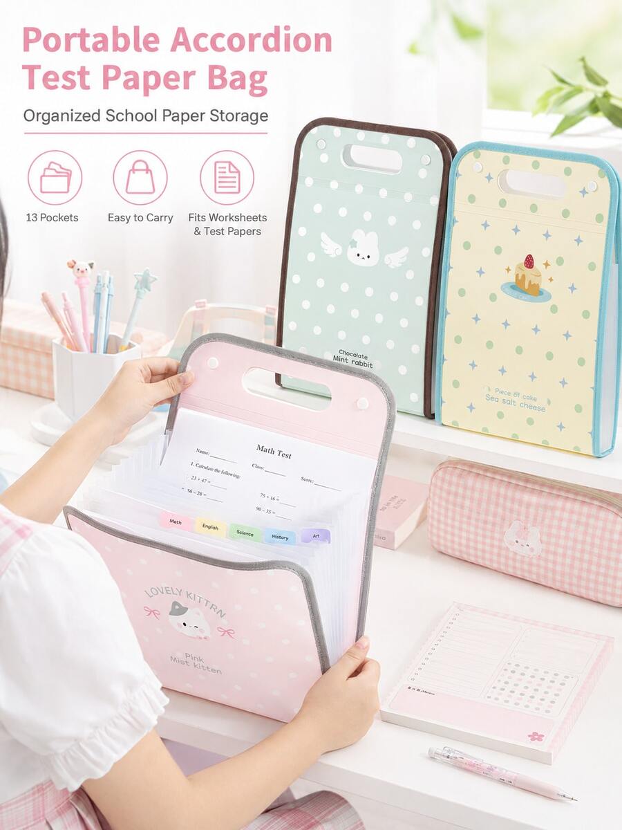 1pc Polka Dot A4 Expanding File Folder, Portable Handheld Accordion Document Organizer With Transparent Inserts, Large Capacity Exam Paper Storage Bag For Students, School Supplies, Folders For School - Multiple Options Available - View 1