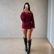 Vestido Curto Feminino Sensual Costas Nuas Amarração Manga Longa Flare Drapeado Tubinho Festa Balada - Marsala - Visão 6