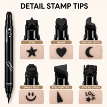 6-Pattern Dual-End Eyeliner Stamp Pen, Streamlined Cylindrical Body, Designed For Creative Eye Makeup. Dual-End Design Precisely Combines Black Eyeliner With 6 Different Fun Stamp Shapes, Completely Solving The Pain Point Of Hand Tremor When Drawing Complex Patterns. Black Material With Rich And Full Color, Quick-Drying Film, Resistant To Sweat And Tears Smudging. - Black - View 4