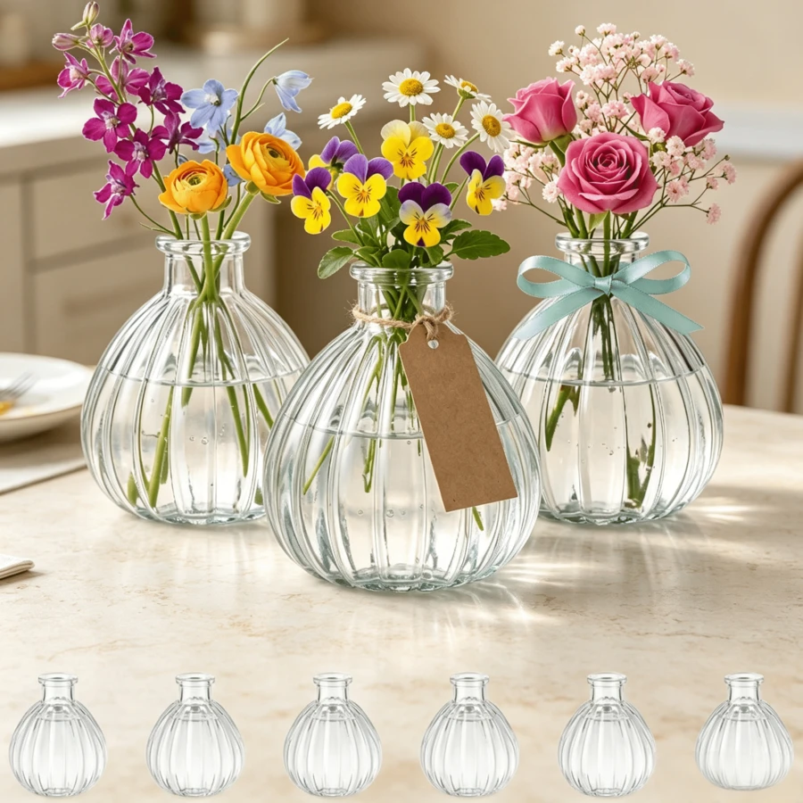 Set Containing Six Transparent Glass Vases With Pumpkin Shaped Outlines. Delicate Tabletop Ornaments Fit Indoor Desktop Layout, Also Suitable For Scene Arrangement At Weddings And Various Gatherings. - 6Pcs - View 1