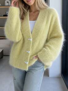 Women's Soft Fabric Long Sleeve Button-Up Cardigan Knit Sweater, Regular Length Loose Fit Winter Warm Top - Yellow - View 5