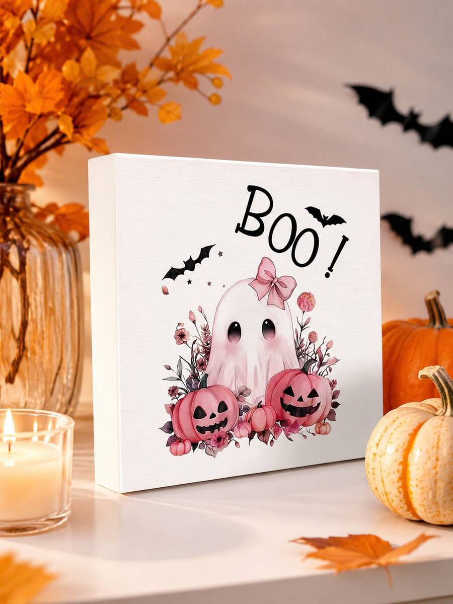 Hiasan Meja PVC Hantu Boo Merah Muda Pastel untuk Halloween, Dekorasi Baki Bertingkat Musim Gugur dengan dan Kelelawar Merah Muda Bermotif Bunga, Ornamen Blok Meja Lucu dan Menyeramkan untuk Dekorasi Rumah Halloween Dalam Ruangan - View 1