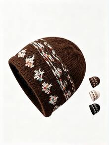 1pc Knitted Beanie Hat, Warm Hat For Autumn/Winter, Outdoor Warm Hat, Street Vintage Rolled Edge Jacquard Knitted Hat, Winter Warm Beanie With Large Head Circumference And Face-Slimming Effect - Multicolor - View 6