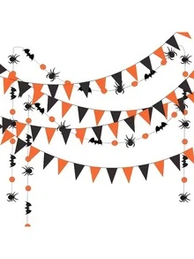 1pc Halloween Triangle Flag Decoration, Bat & Spider Silhouette Hanging Garland, Orange & Black Felt Triangle Banner, Indoor Home Fireplace Window Ceiling Party Backdrop Decor, Suitable For Halloween Celebration - Multicolor - View 6