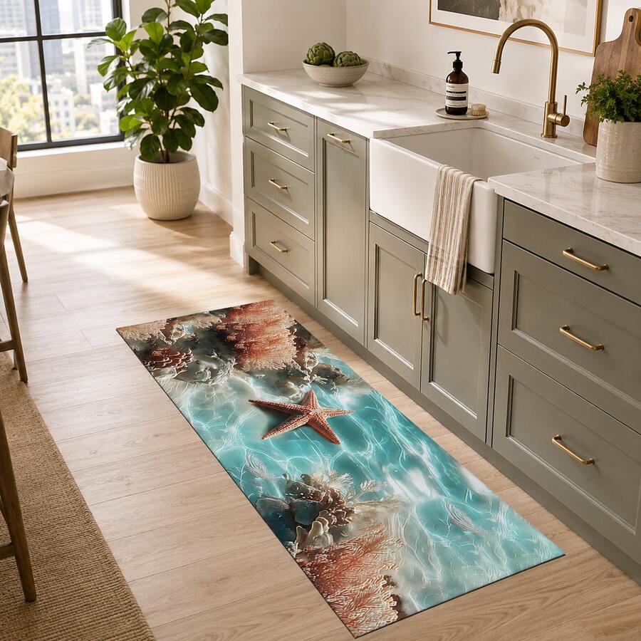 1pc, Starfish Pattern Printed Diatomaceous Earth Kitchen Mat, Absorbent Kitchen Floor Mat, Kitchen Rug, Long Runner Mat, Sink Front Mat, Suitable For Kitchen, Bathroom, Entryway, Hallway, Laundry Room And Home Decor - Multicolor - View 1